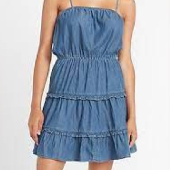 EXPRESS  Denim Square Neck Tiered Mini Dress size M petite - Picture 1 of 10